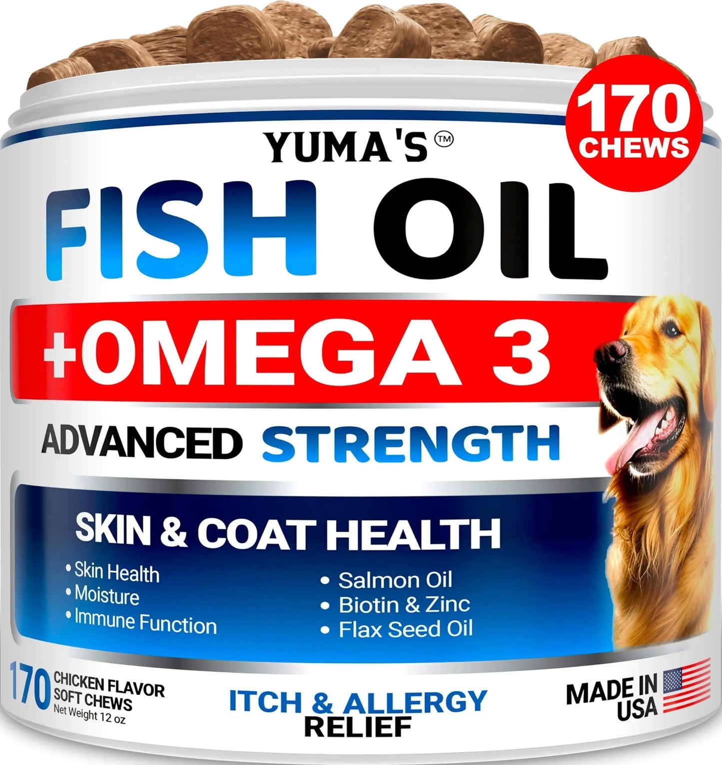 Yuma's Fish Oil + Omega 3 supplement container for dogs with a dog on the label.