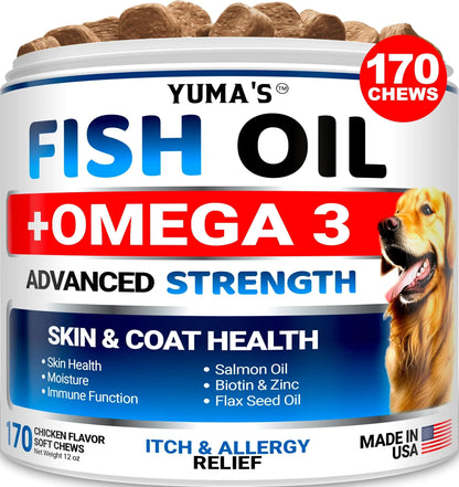 Yuma's Fish Oil + Omega 3 supplement container for dogs with a dog on the label.