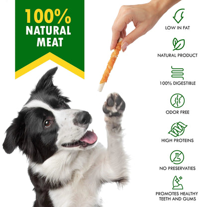 Dog holding a treat with product features listed on a white background