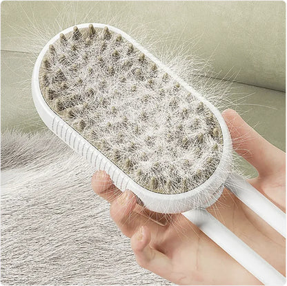Hairbrush with pet hair collected on it, held by a hand against a neutral background