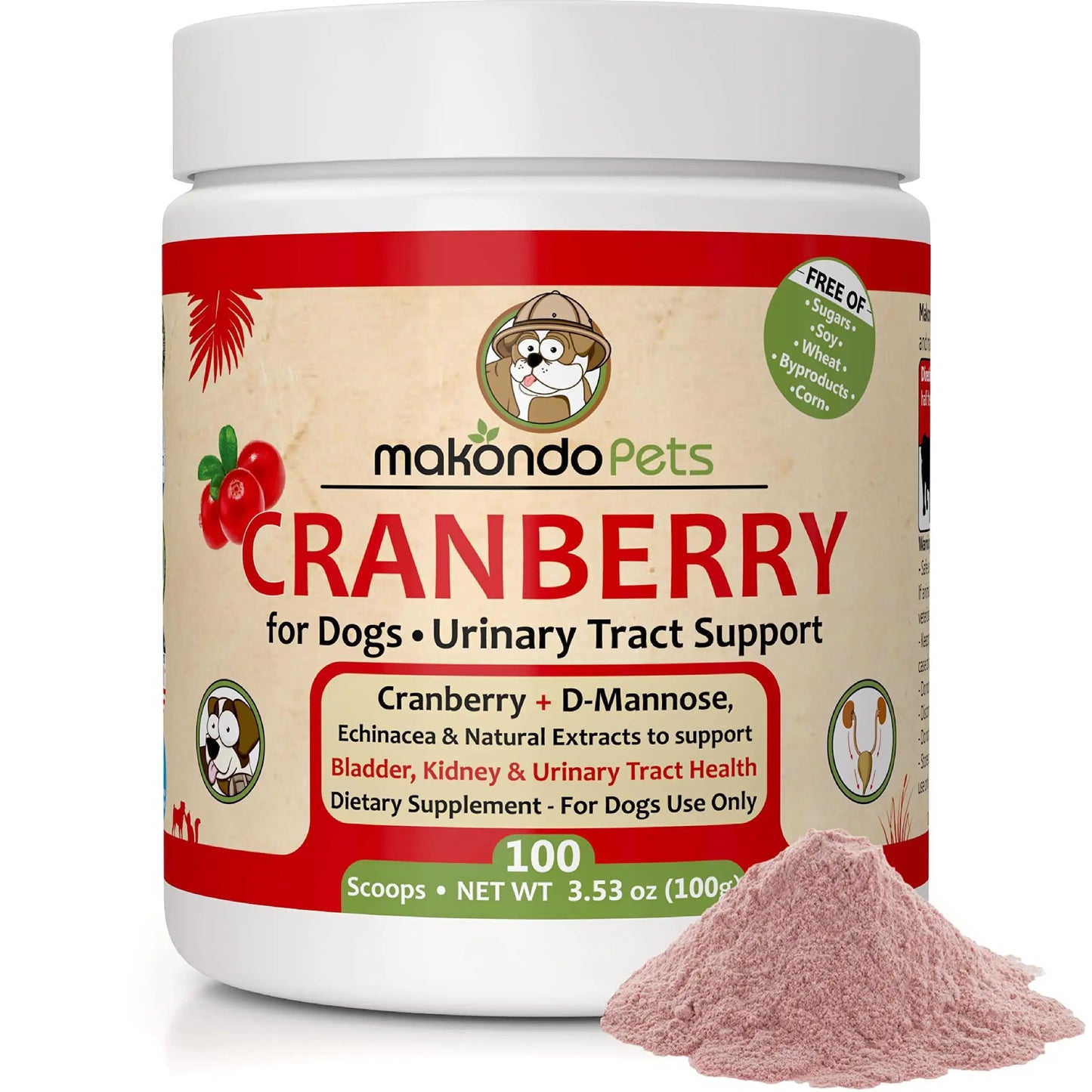 Makondo Pets Cranberry supplement for dogs with a white container and red label.