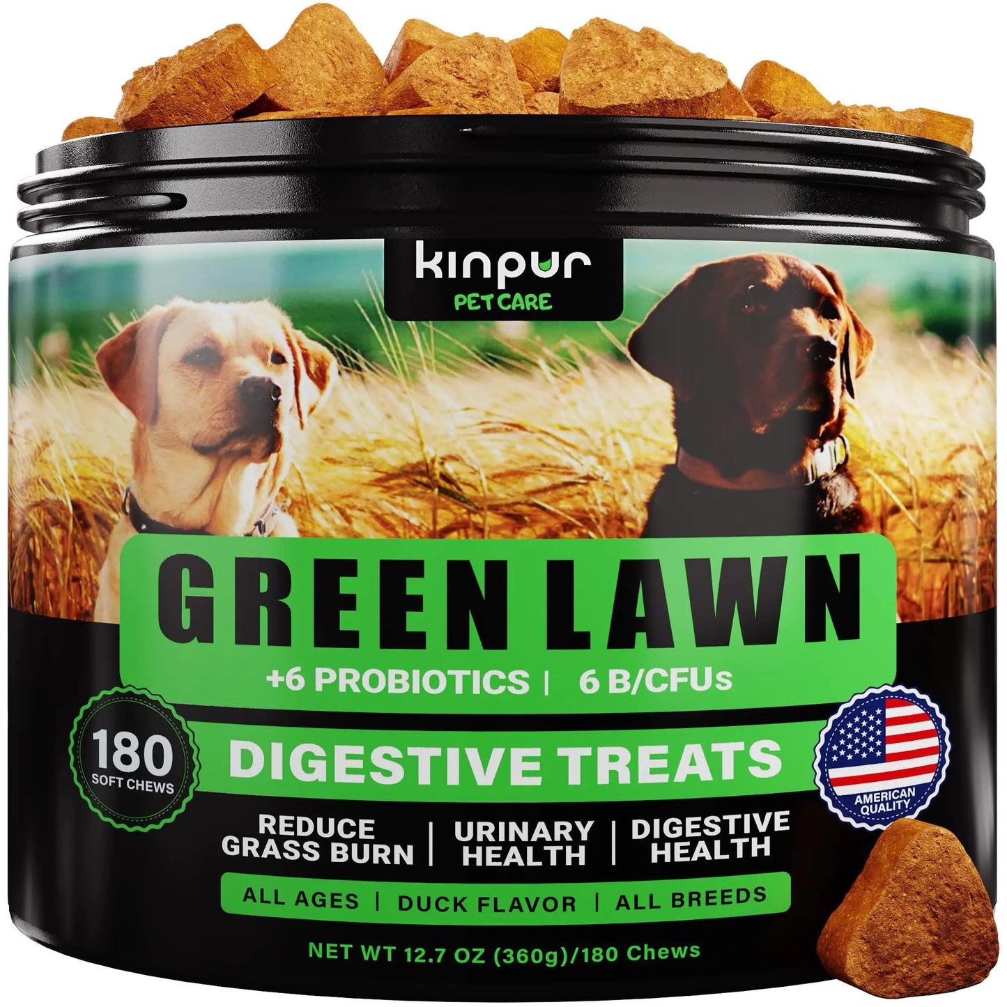 Kinpur Pet Care Green Lawn digestive treats for dogs with images of dogs and text on the packaging.