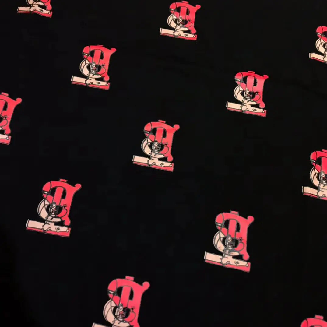 Red and black logo pattern on a black background