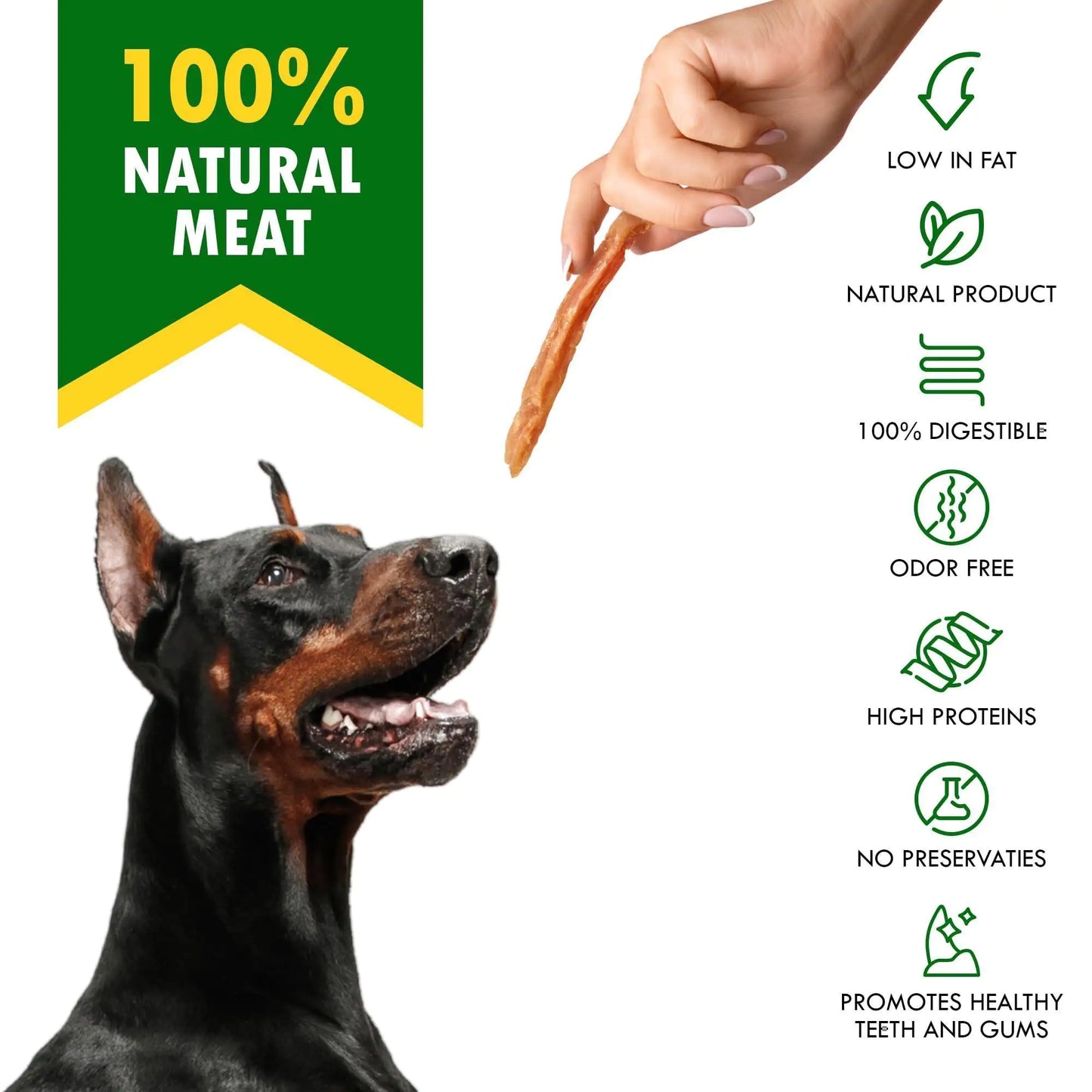 Dog looking at a treat held by a hand with product features listed on the right.