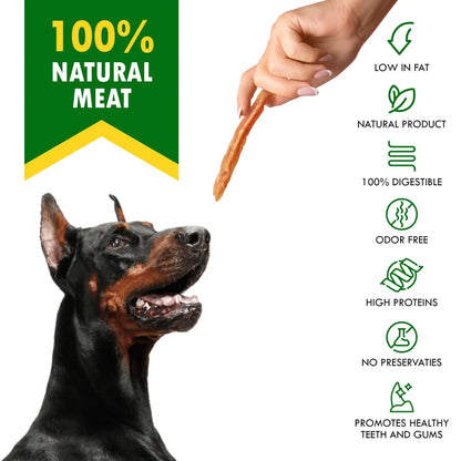 Dog looking at a treat held by a hand with product features listed on the right.