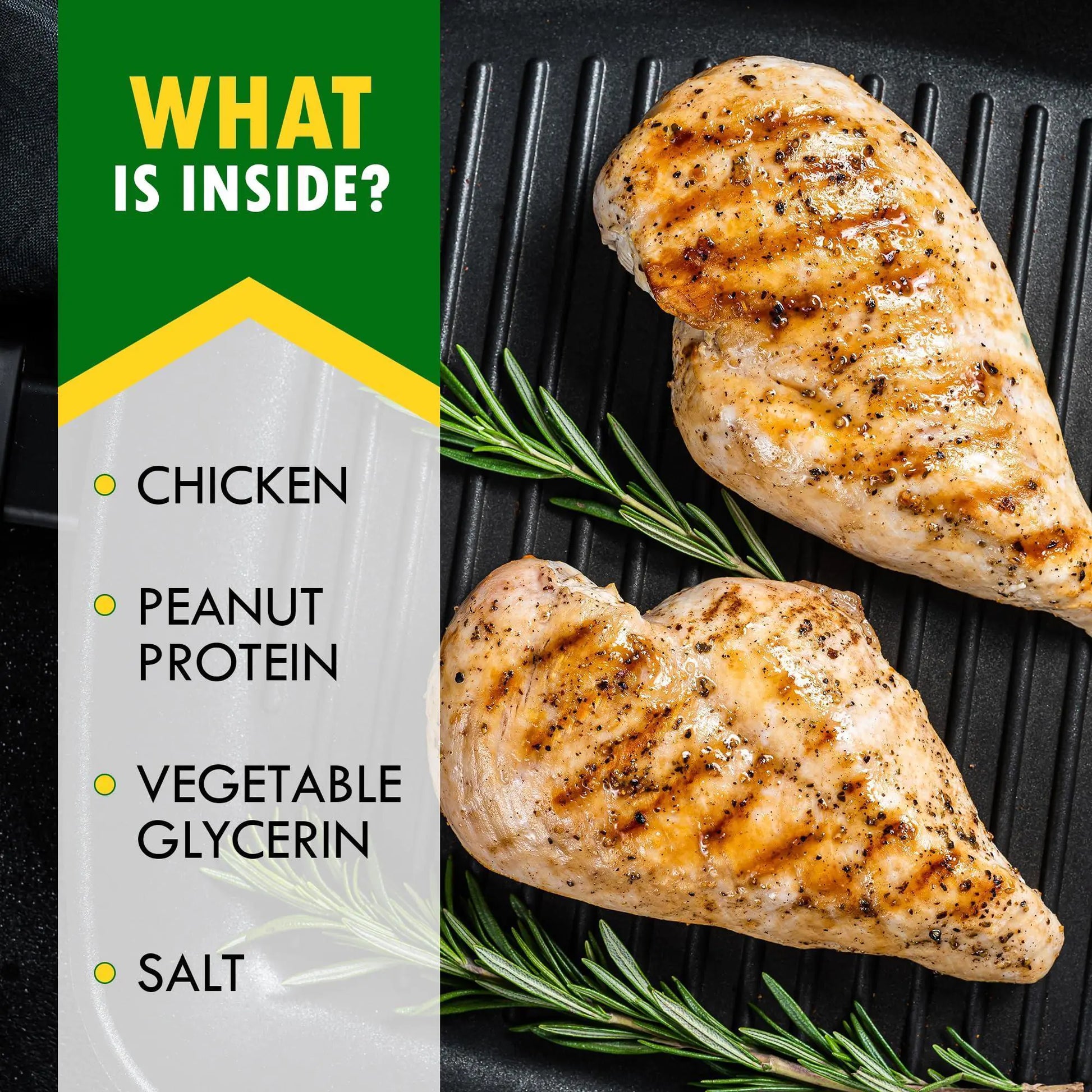 Grilled chicken breast on a grill with a list of ingredients on the side.