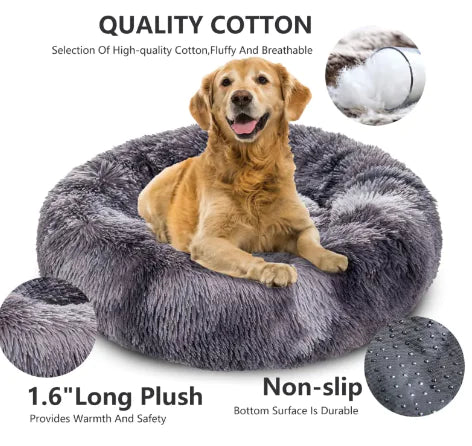 Dog lying on a fluffy gray pet bed with text highlighting features like quality cotton and non-slip bottom.