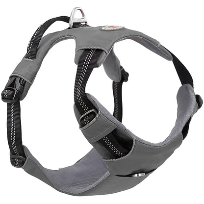 Gray dog harness with black straps on a white background