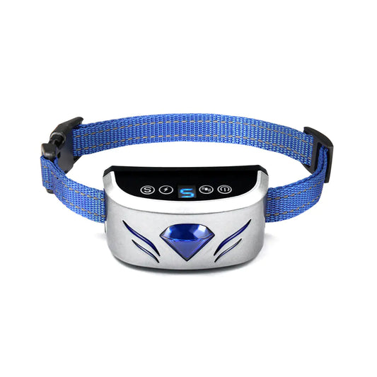Blue dog collar with electronic device on a white background