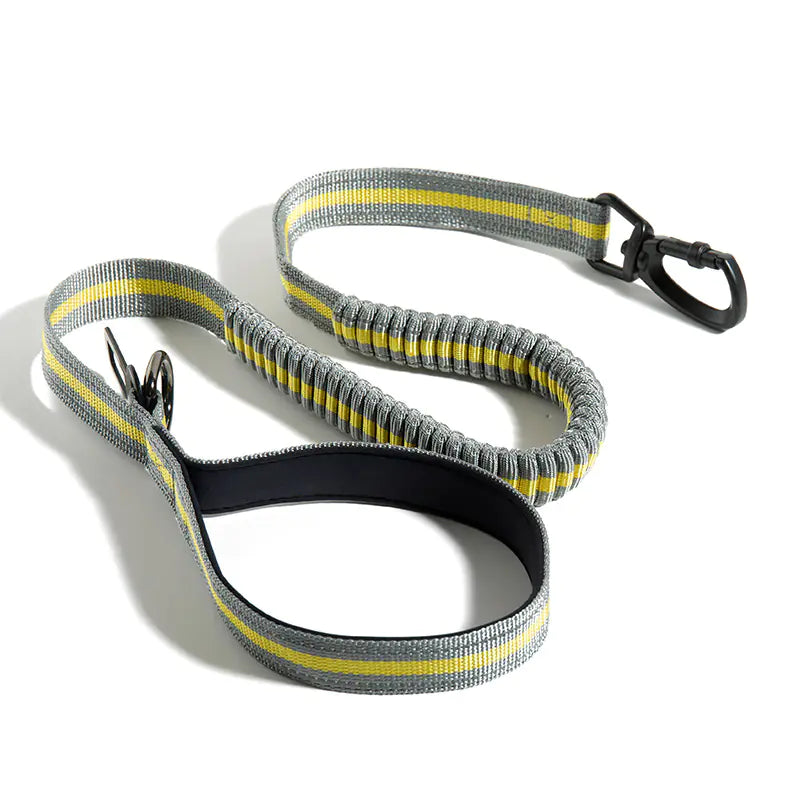 Gray and yellow dog leash with a black clip on a white background