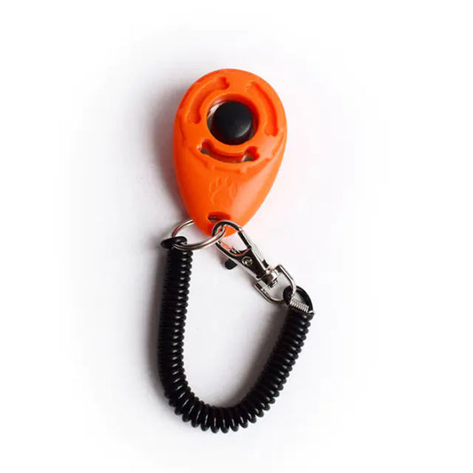 Orange and black keychain device on a white background