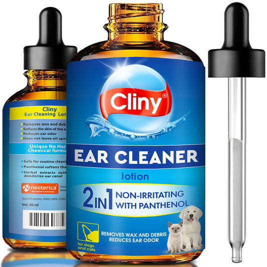 Cliny ear cleaner lotion bottle with droppers on a white background