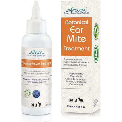 Pet ear mite treatment bottle and packaging on a white background