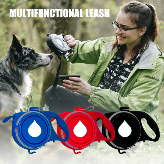 Woman using a multifunctional leash with a dog, surrounded by color options on a natural background.