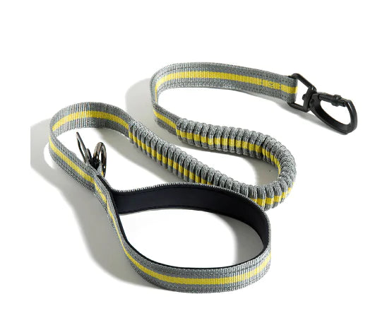 Gray and yellow dog leash with a black clip on a white background