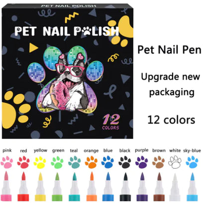 Pet nail polish packaging with a dog illustration and color options displayed.
