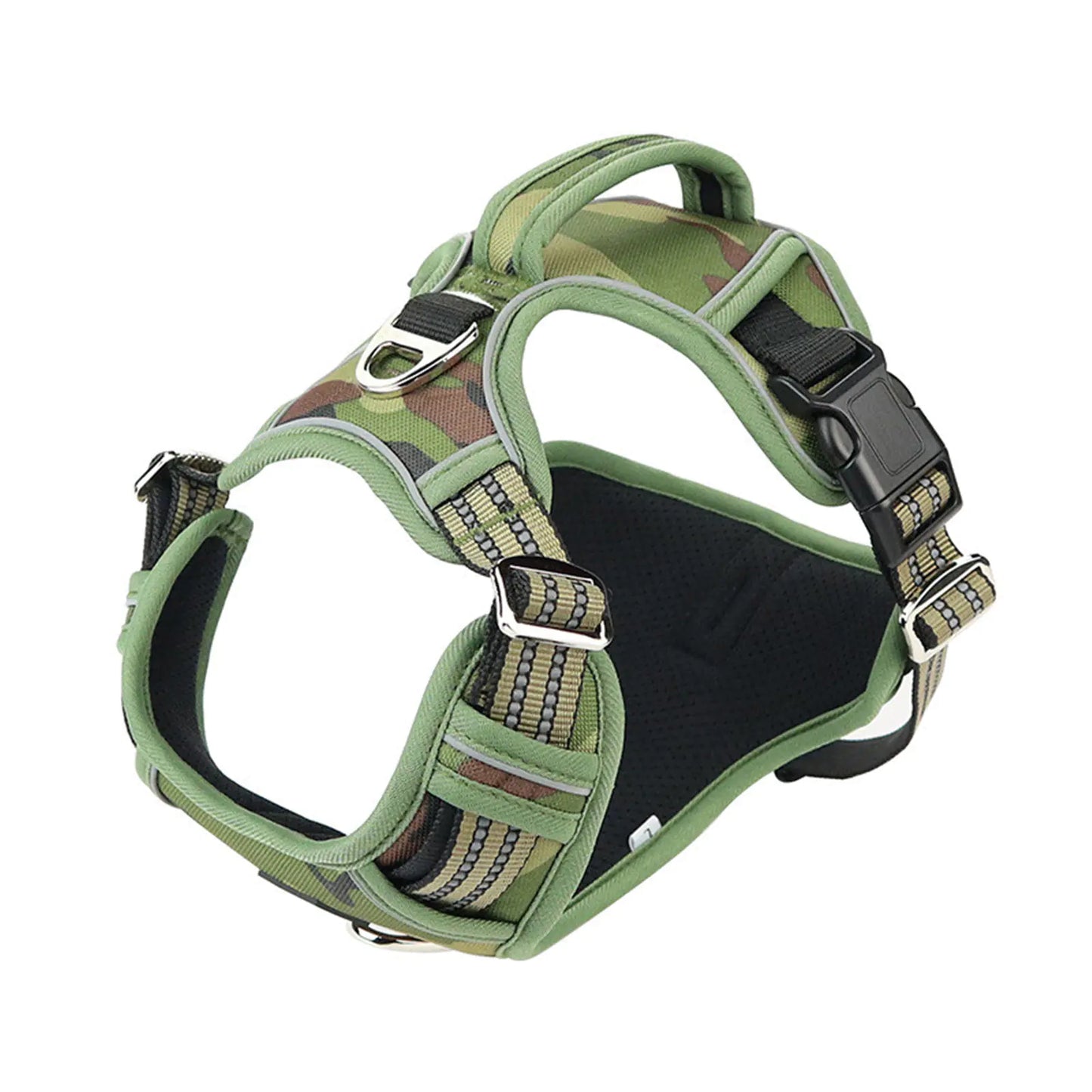 Green camouflage dog harness on a white background