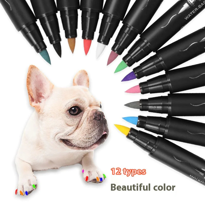 Set of 12 colored markers with a dog lying on a white background