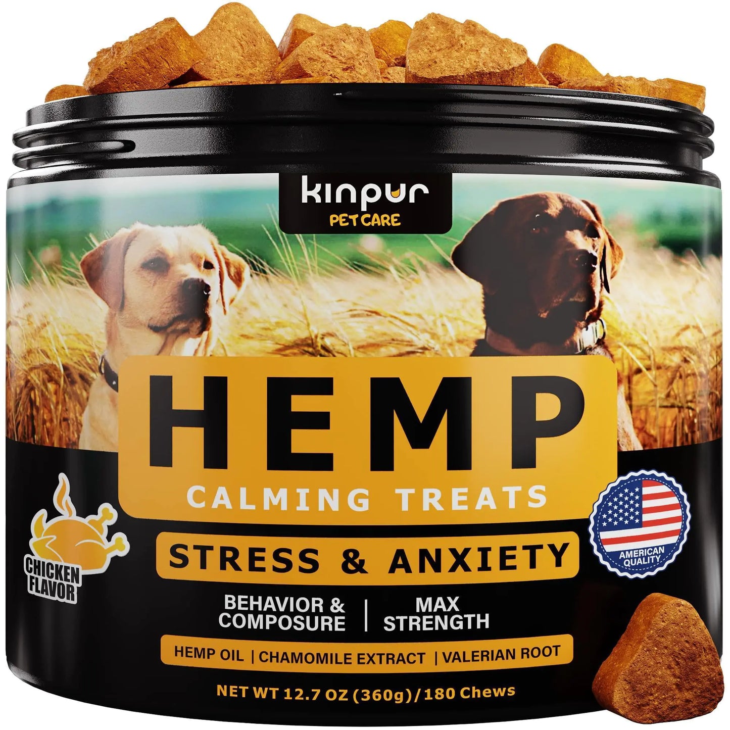 Container of Kinpur Pet Care hemp calming treats for dogs with images of dogs and text on the label.
