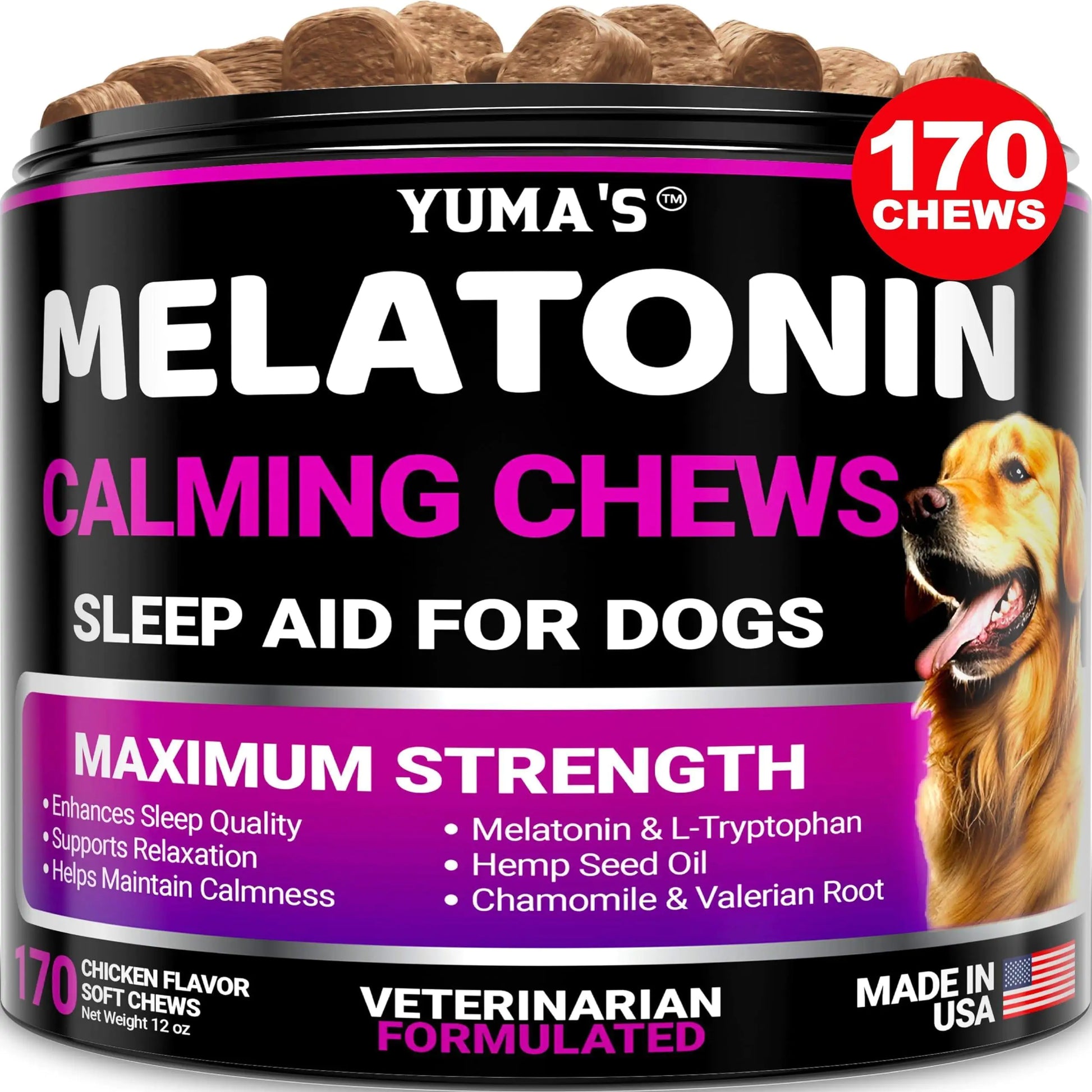 Yuma's Melatonin Calming Chews for dogs with a dog on the label.