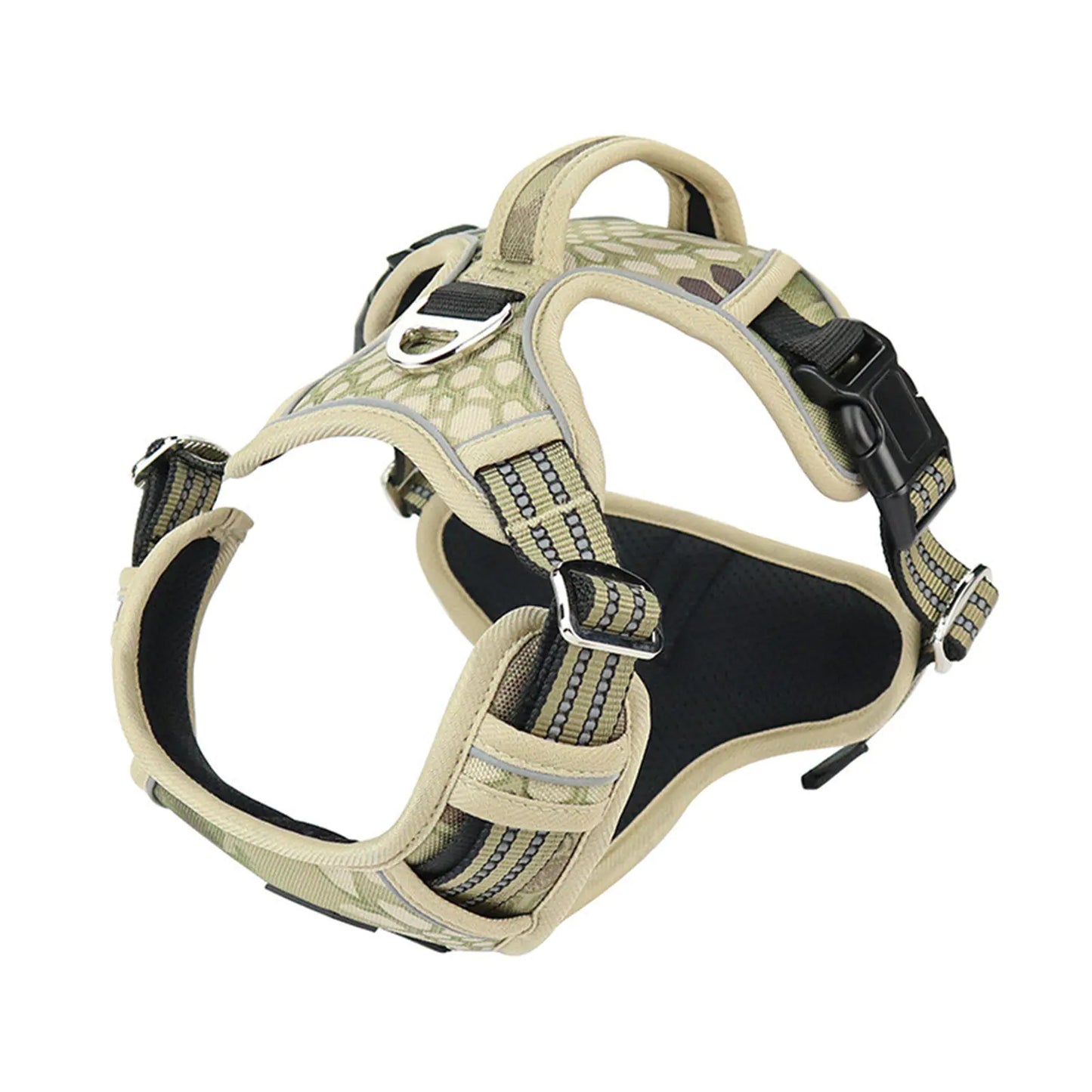 Dog harness with camouflage pattern on a white background