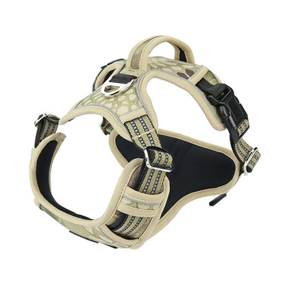 Dog harness with camouflage pattern on a white background