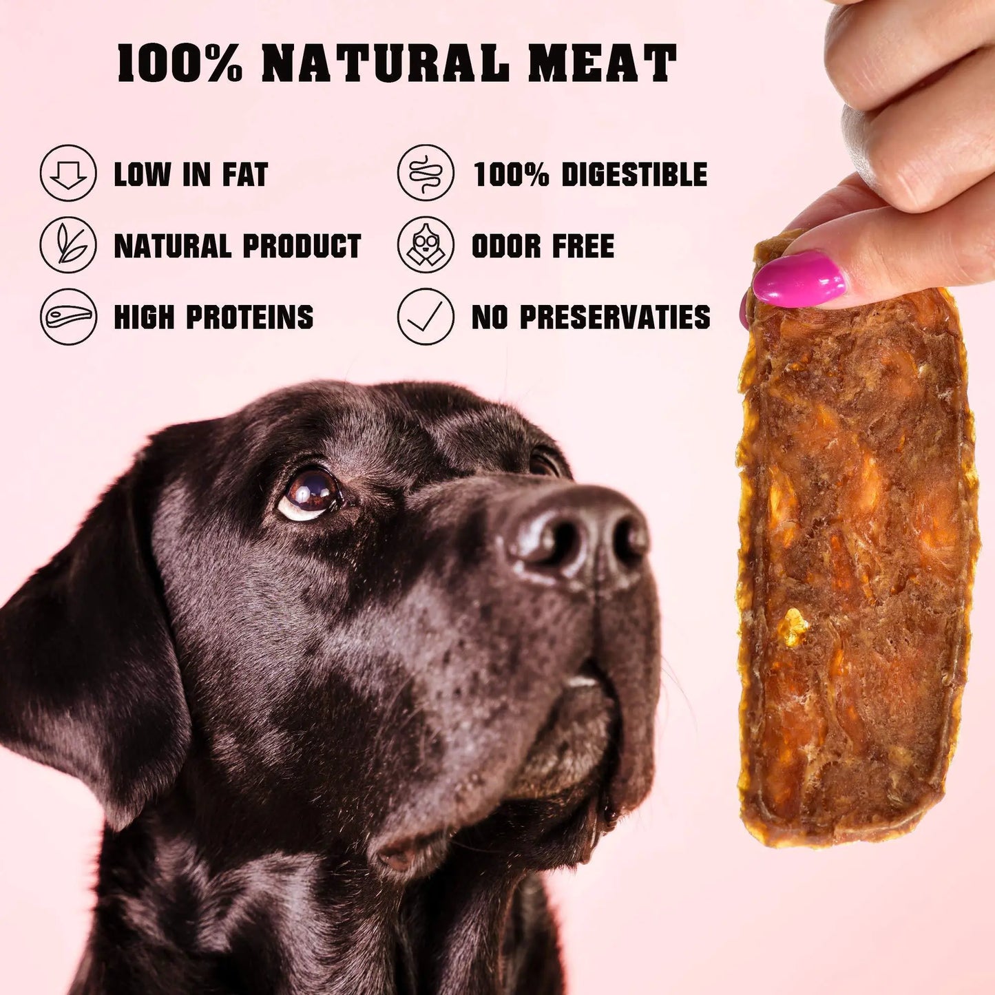 Dog looking at a piece of 100% natural meat treat with product benefits listed.