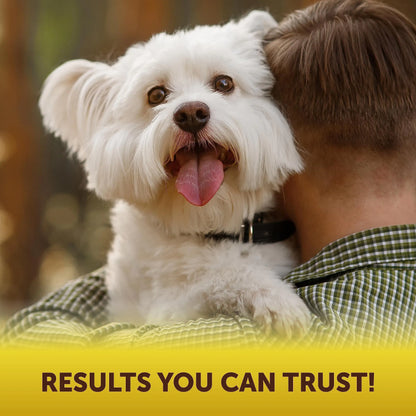 Person holding a small white dog with a blurred background and text 'RESULTS YOU CAN TRUST!'