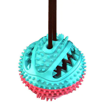 Teal and pink textured ball with a brown handle on a white background