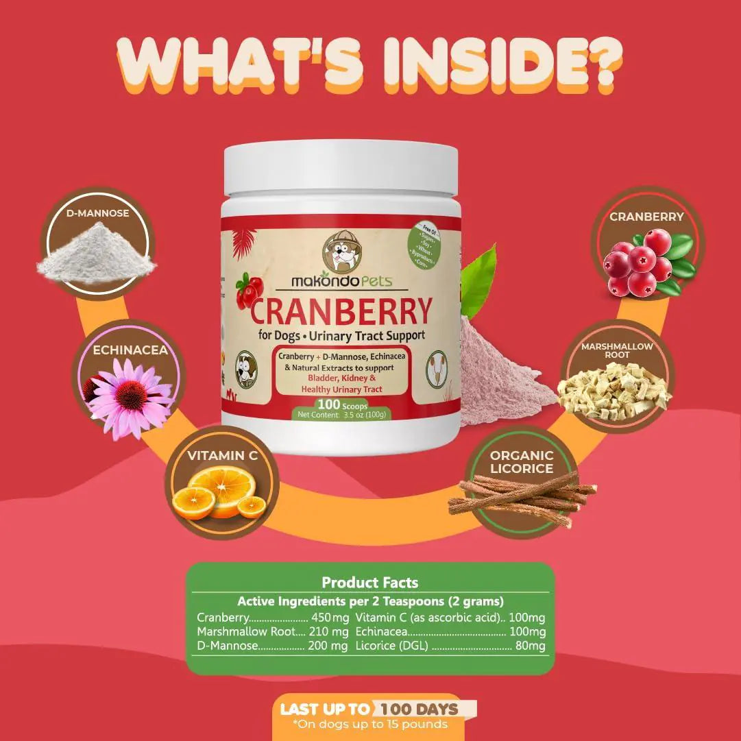 Cranberry supplement for dogs with ingredients listed on a red background