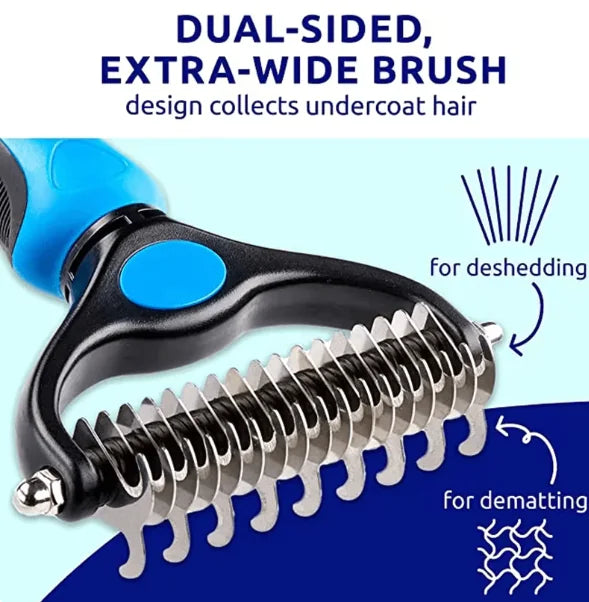 Pet grooming brush with dual-sided design for deshedding and dematting, on a blue background.
