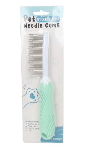 Pet steel tooth needle comb in packaging with text on a white background