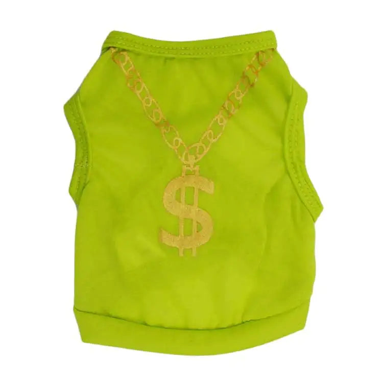 Green dog vest with gold dollar sign and chain on a white background