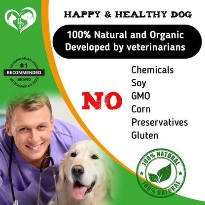 Advertisement for a happy and healthy dog product with a veterinarian and dog, highlighting natural and organic ingredients.