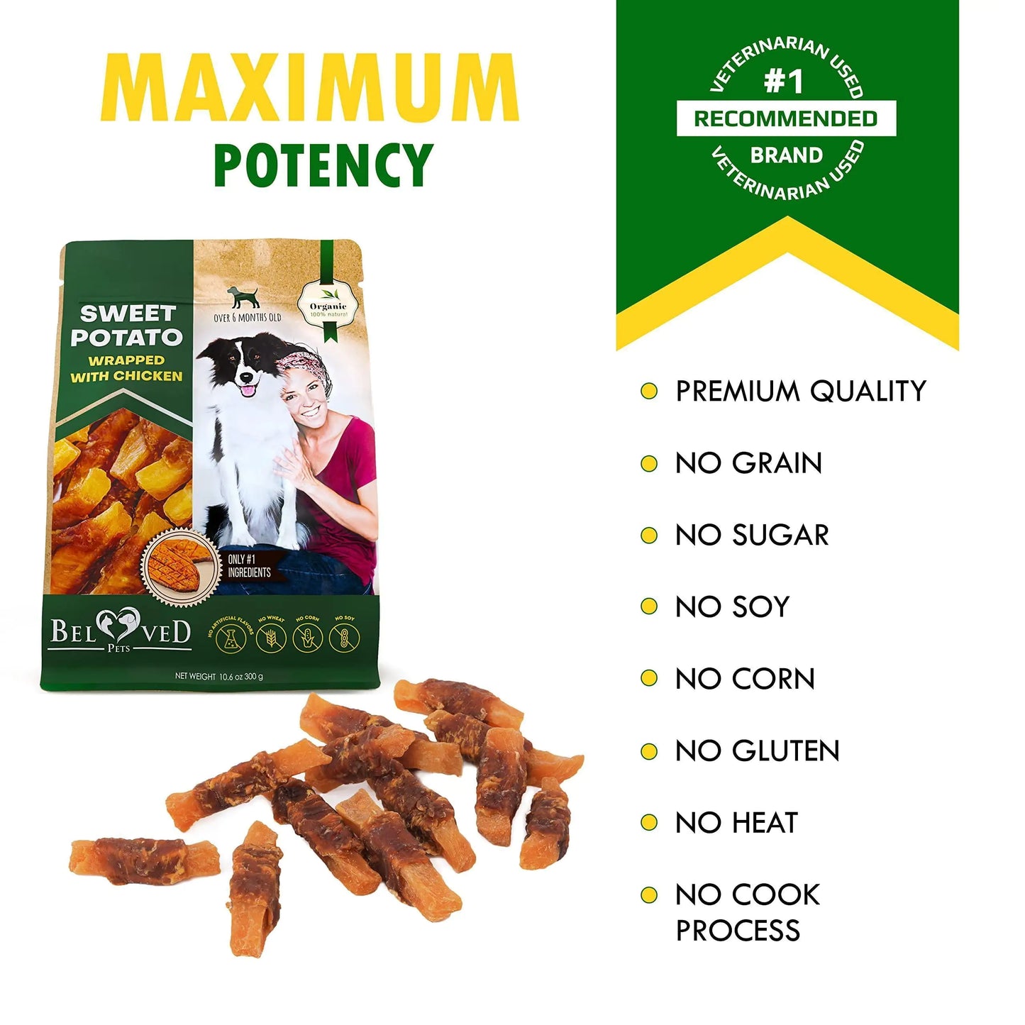 Dog treat package with 'Maximum Potency' text and product details on a white background