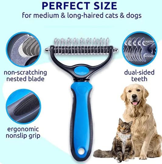 Pet grooming brush with features highlighted for medium and long-haired pets, including a dog and cat.