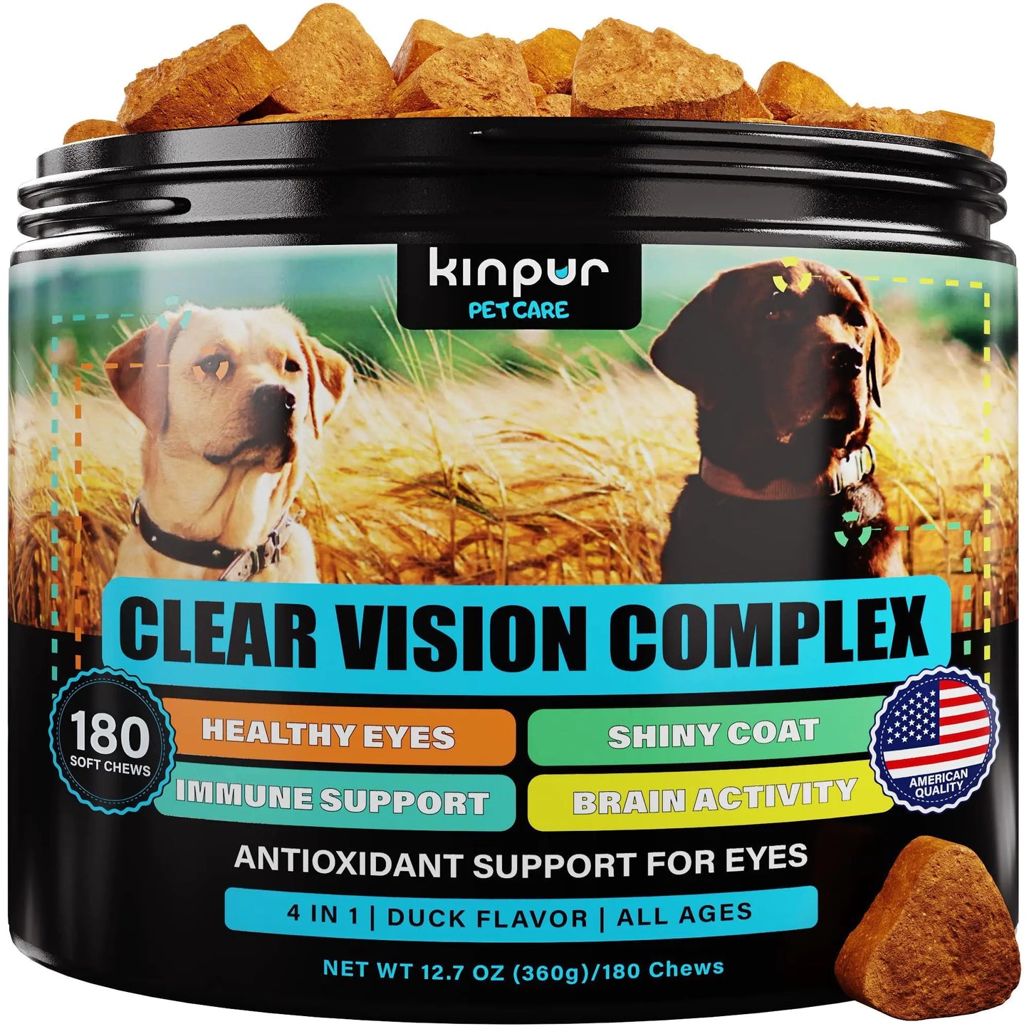 Kinpur Pet Care Clear Vision Complex supplement container with two dogs in a field on the label.