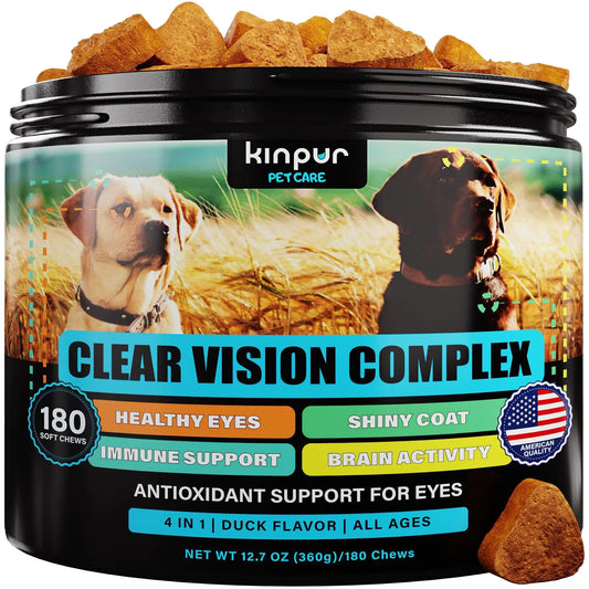 Kinpur Pet Care Clear Vision Complex supplement container with two dogs in a field on the label.