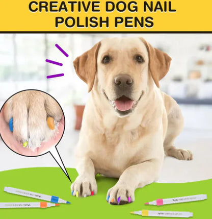 Dog with colored nail polish pens and a close-up of a dog's paw with colorful nails on a green surface.