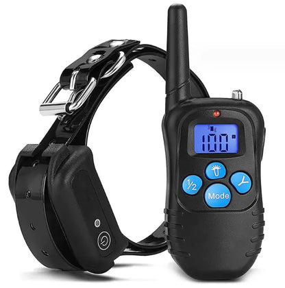 Black electronic dog training collar with remote control on a white background