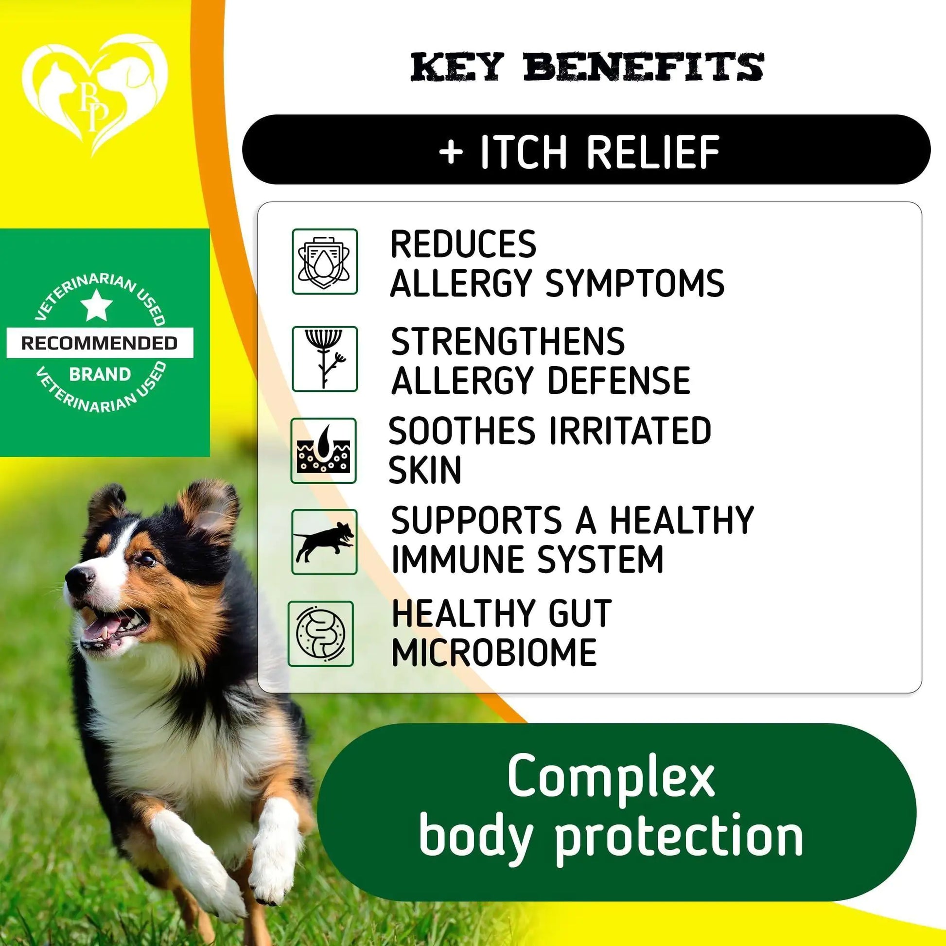 Dog running on grass with product benefits listed, including itch relief and complex body protection.
