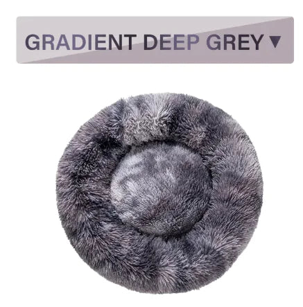 Fluffy gray pet bed with gradient deep gray label on a white background