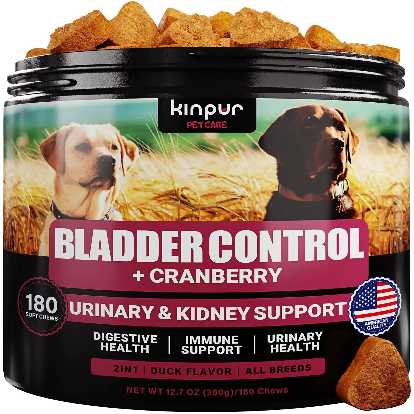 Kinpur Pet Care bladder control supplement for dogs with images of dogs and text on the packaging.