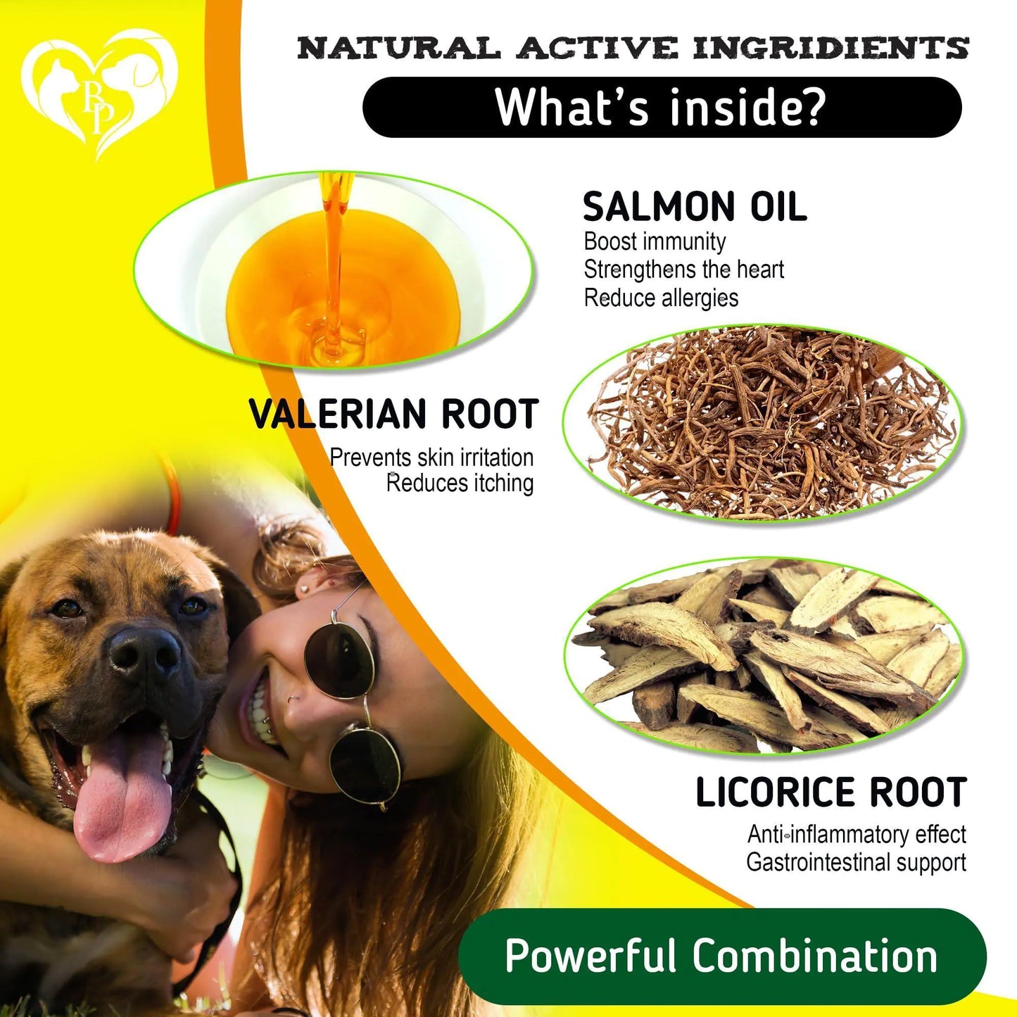 Product packaging with natural active ingredients like salmon oil, valerian root, and licorice root, shown with a woman and dog.