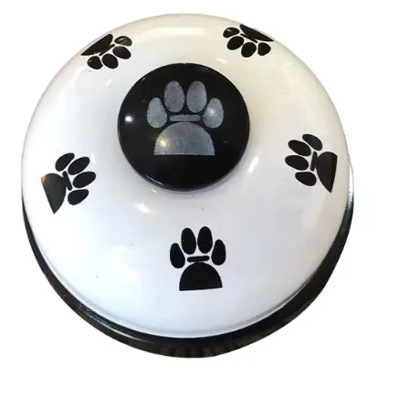 White disc with black paw prints and a central black circle featuring a paw print design on a white background.