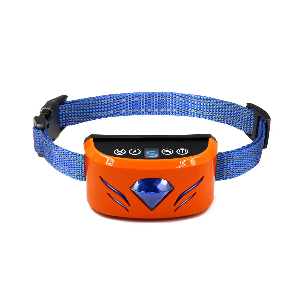 Blue dog collar with an orange electronic device on a white background
