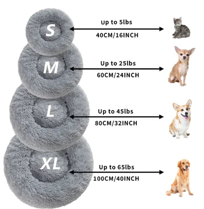 Gray pet bed with size chart indicating dimensions and weight capacity for small, medium, large, and extra-large sizes.
