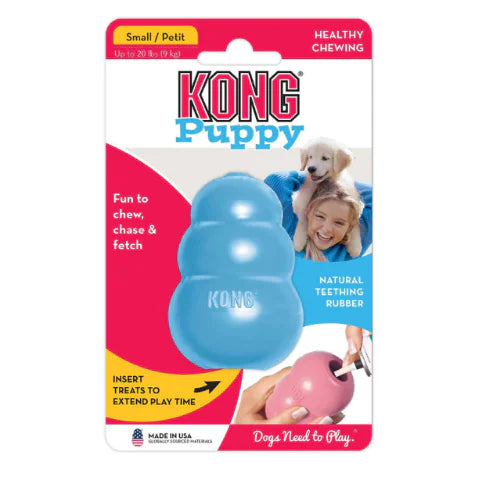 KONG Puppy dog toy packaging with blue toy and text on a white background