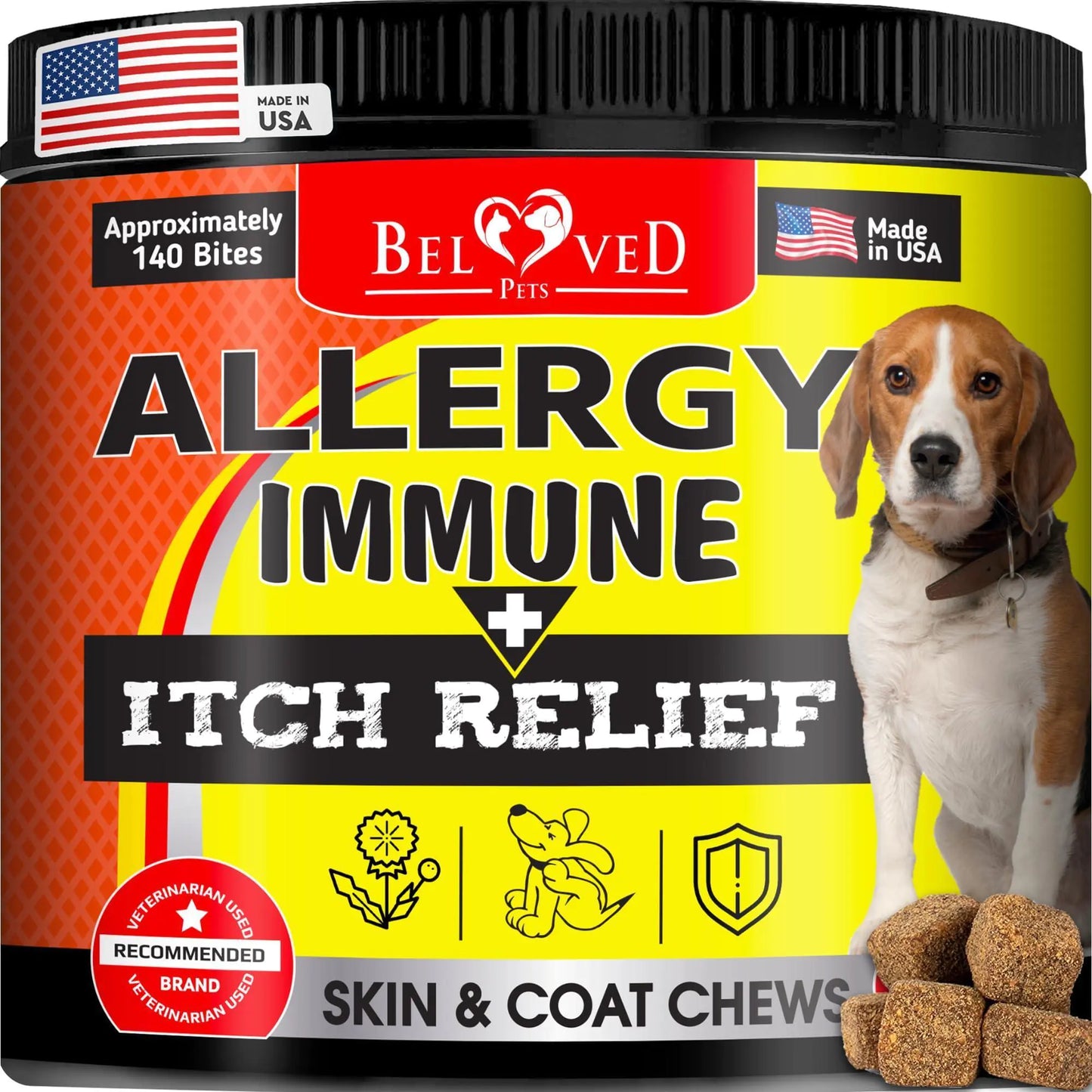 Dog health supplement container with a dog on the label, featuring the brand 'Beloved Pets'.