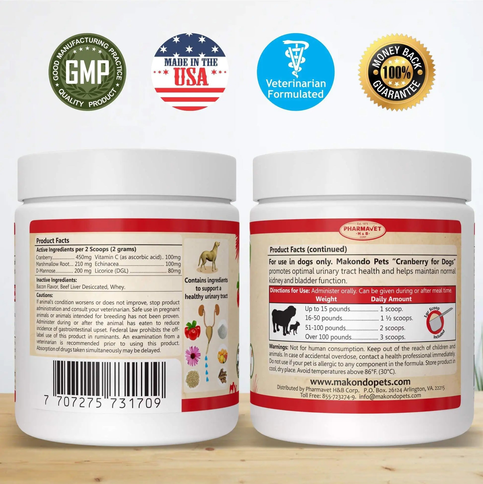 Two containers of a pet supplement with labels and certification logos on a white background.